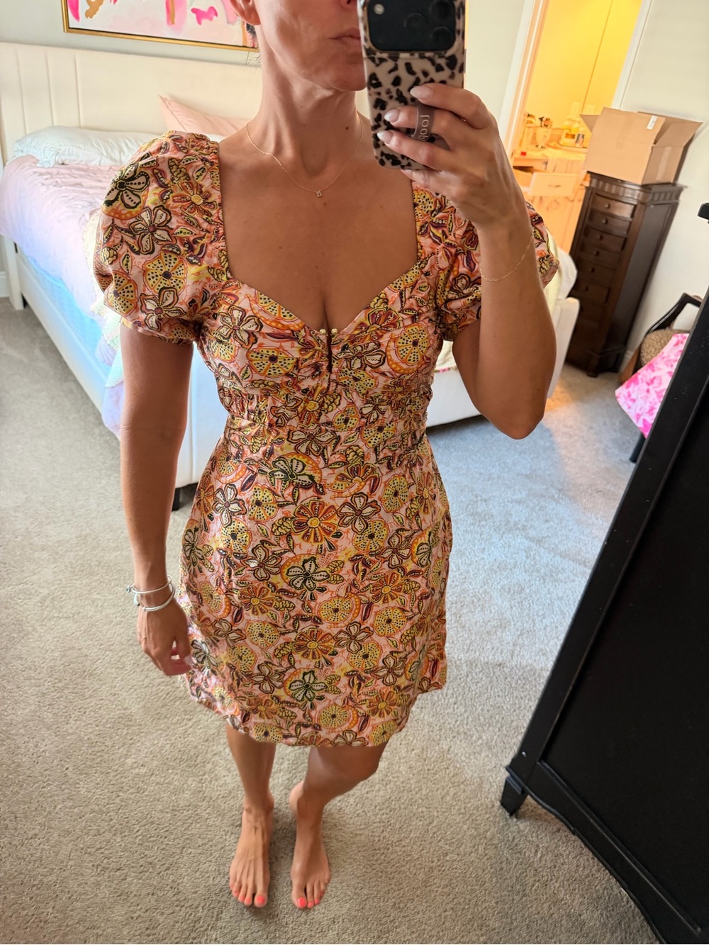 Sam Edelman Pink and Yellow Floral Puff-Sleeve Dress